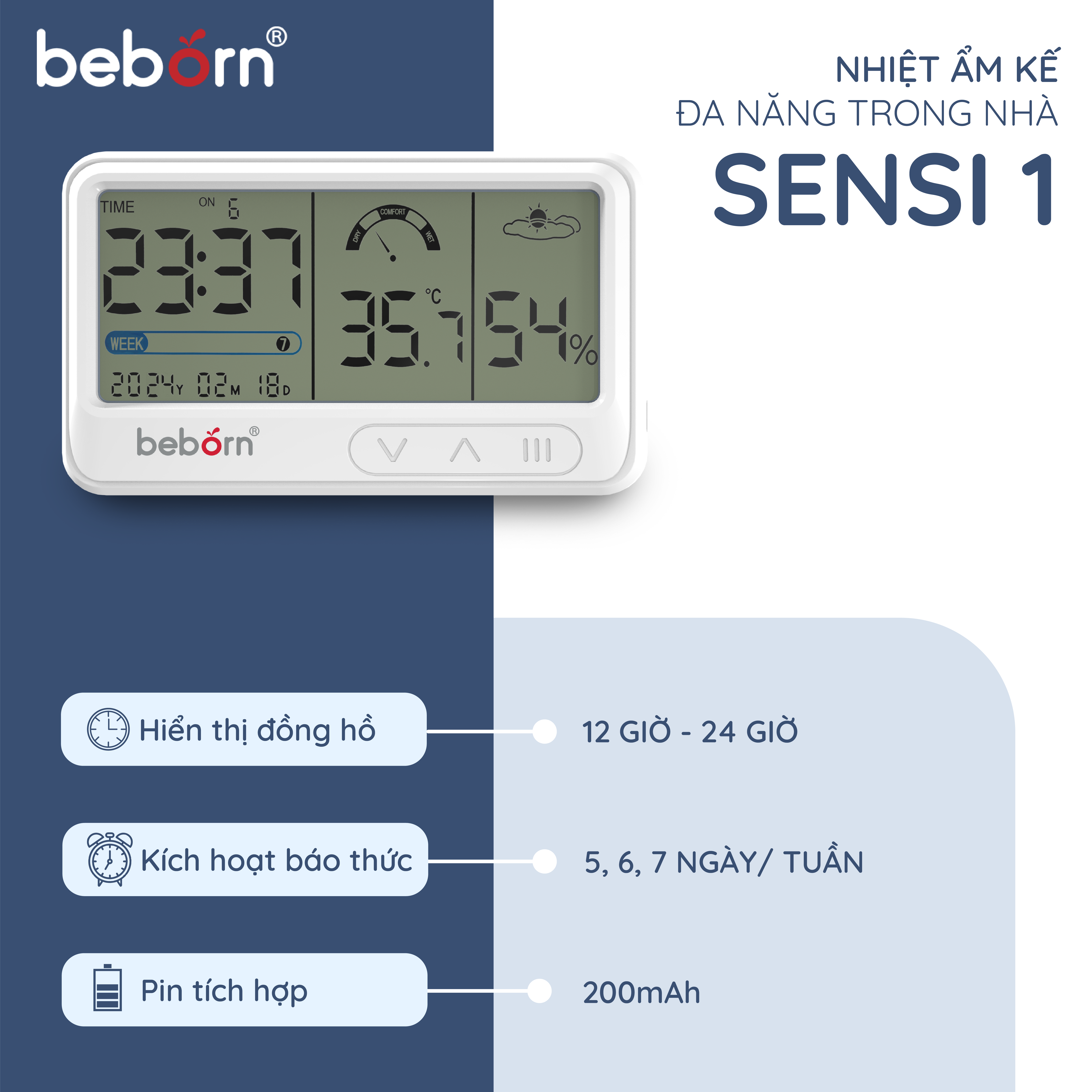nhiệt ẩm kế điện tử đa năng trong nhà kiêm đồng hồ báo thức cho bé sensi 1