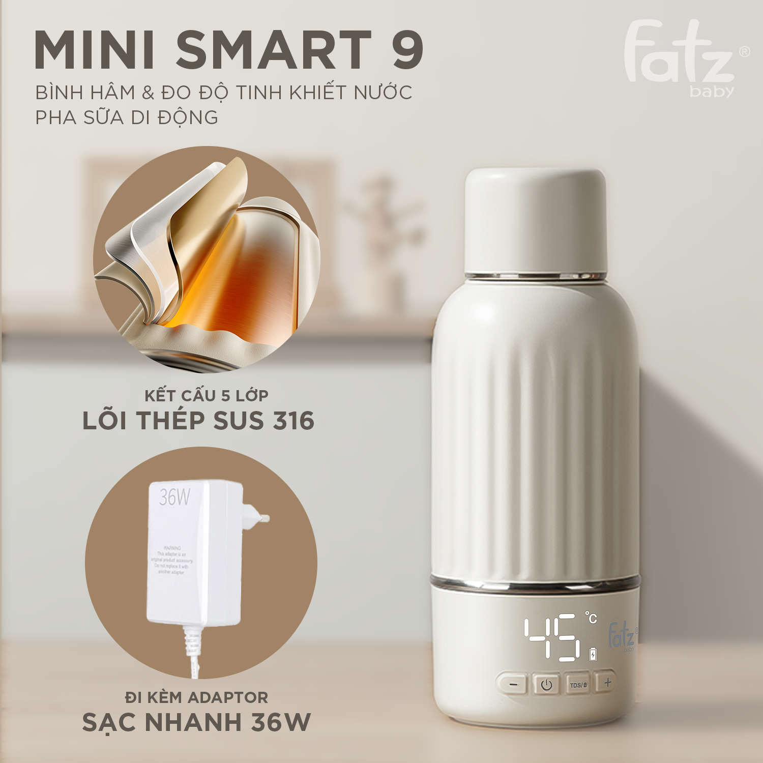 bình hâm và đo độ tinh khiết nước pha sữa di động mini smart 9