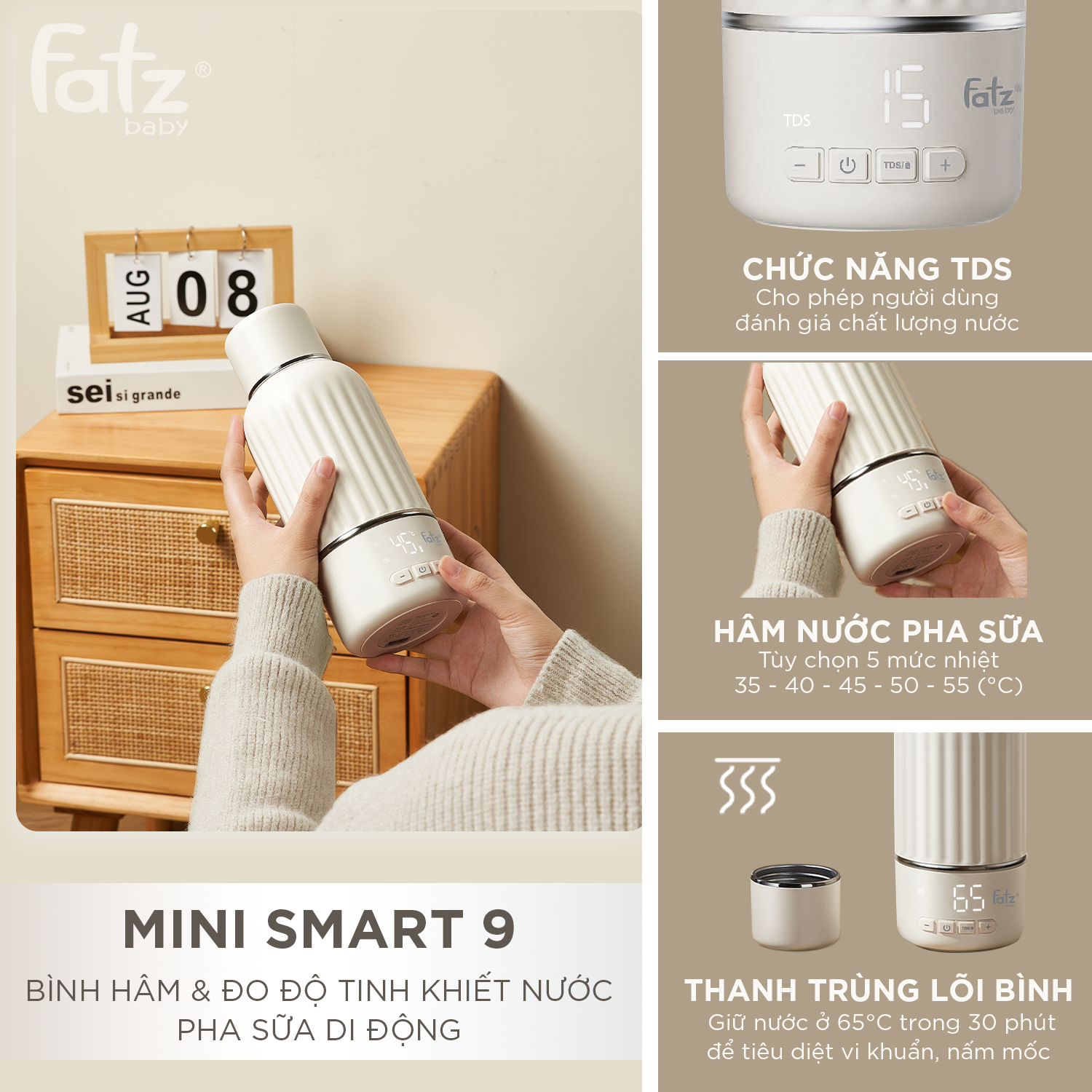 bình hâm và đo độ tinh khiết nước pha sữa di động mini smart 9