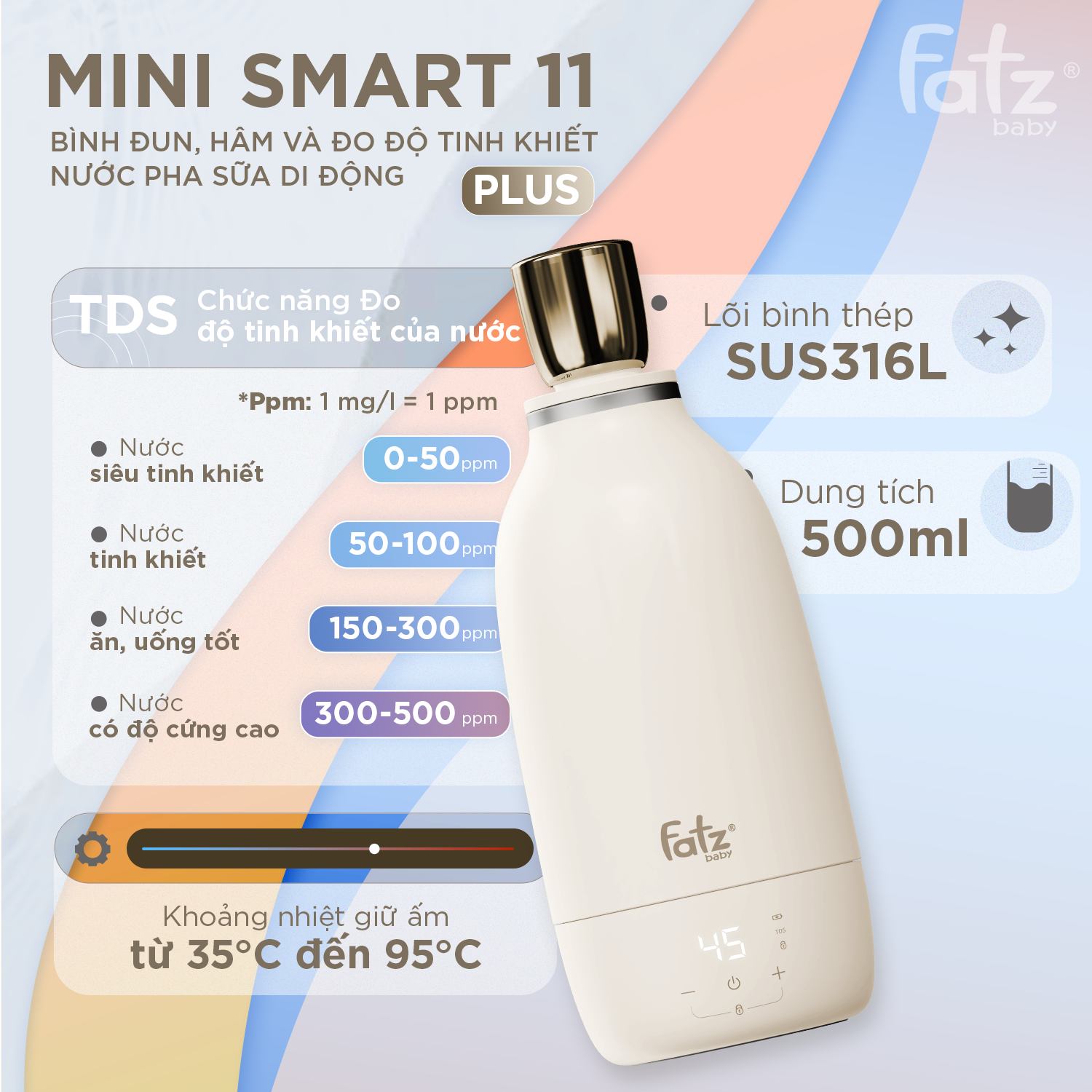 bình đun, hâm và đo độ tinh khiết nước pha sữa di động mini smart 11 plus