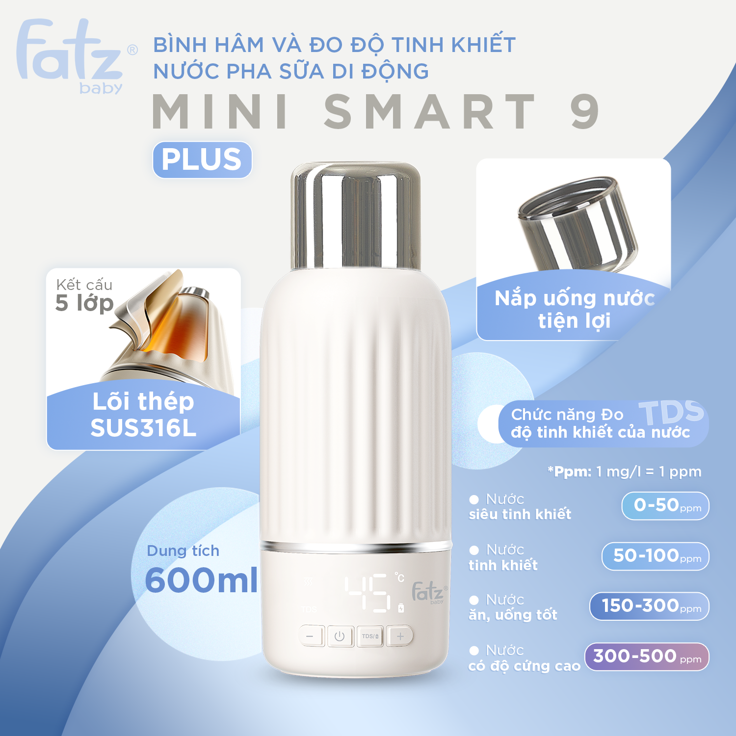 bình hâm và đo độ tinh khiết nước pha sữa di động mini smart 9 plus