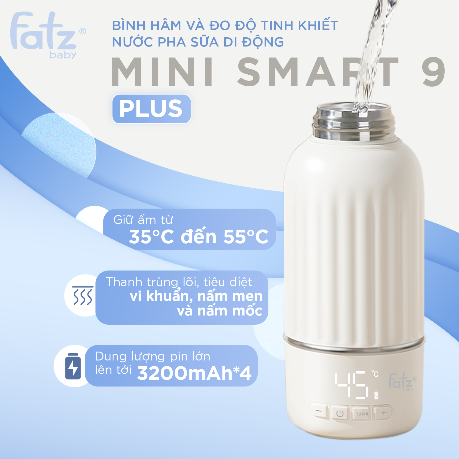 bình hâm và đo độ tinh khiết nước pha sữa di động mini smart 9 plus