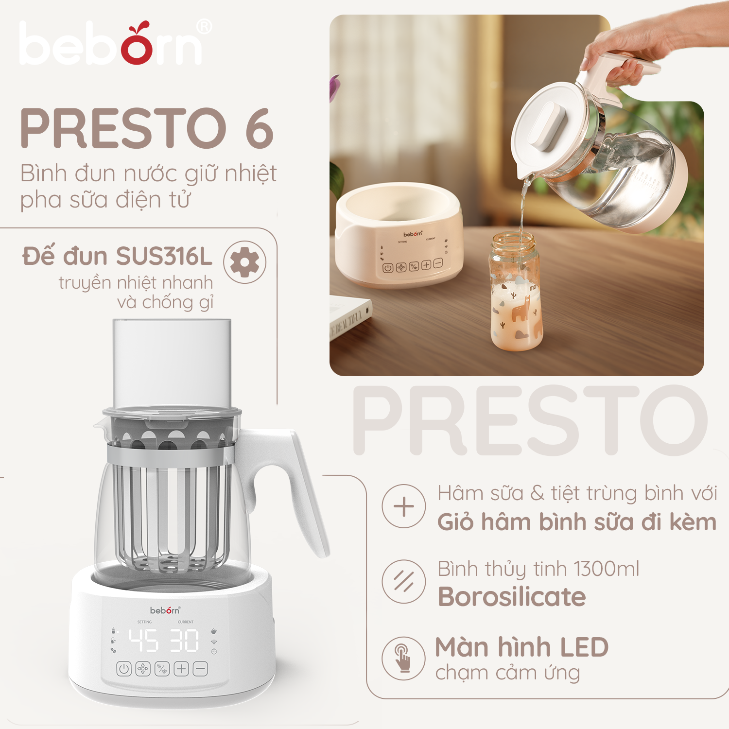 bình đun nước giữ nhiệt pha sữa điện tử presto 6