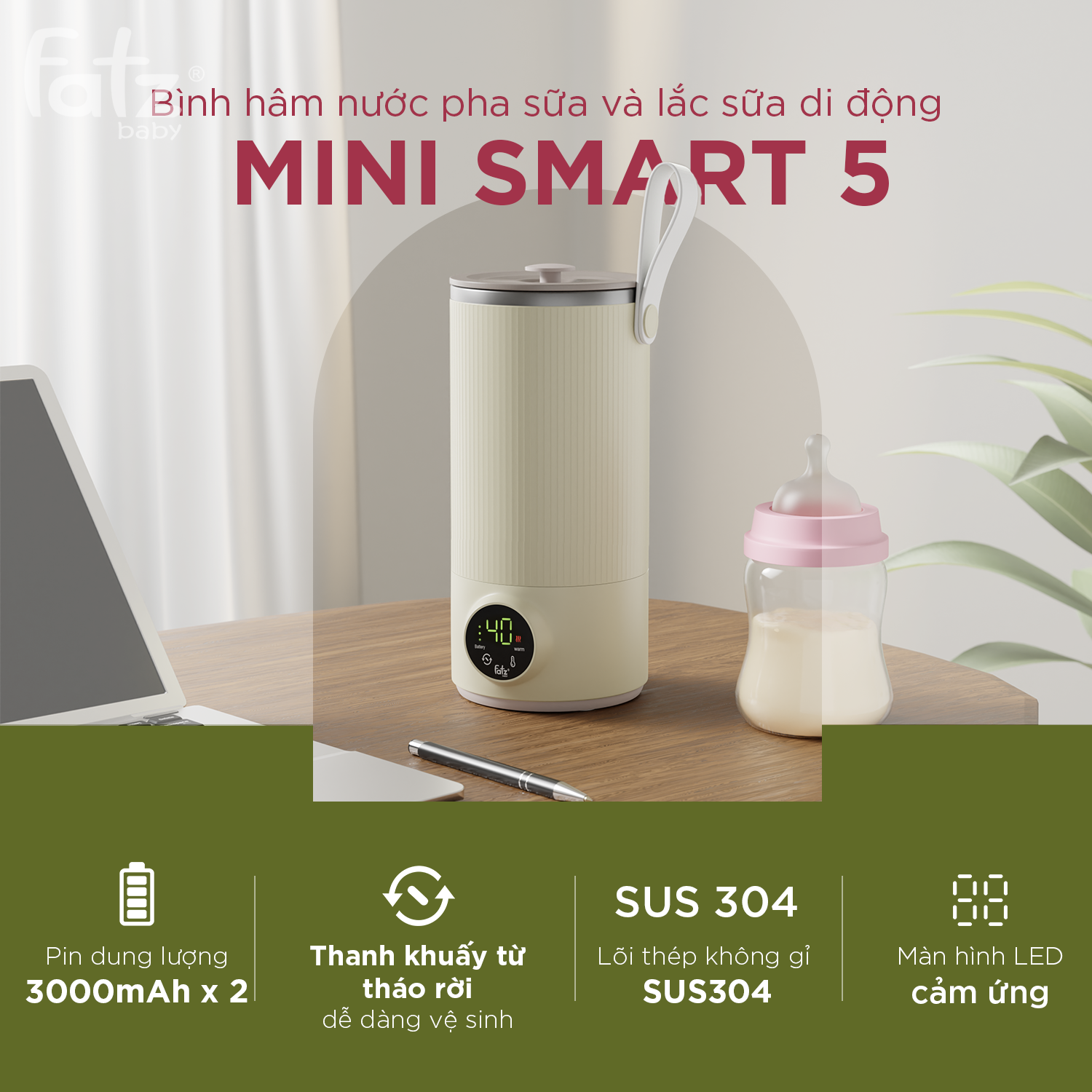 bình hâm nước pha sữa và khuấy sữa di động mini smart 5