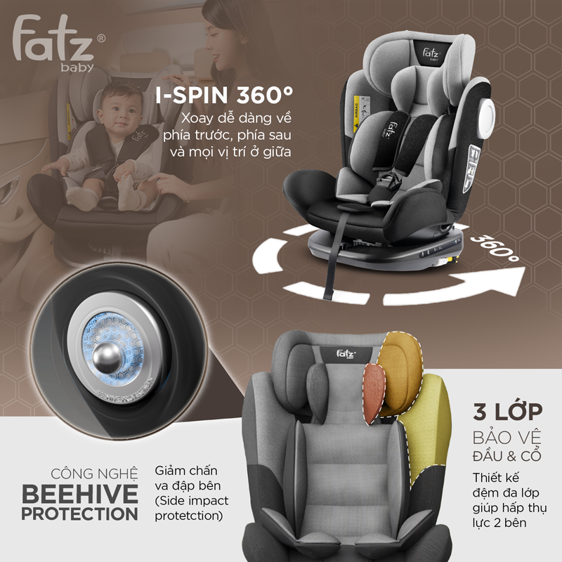 GHẾ NGỒI Ô TÔ AN TOÀN CHO BÉ XOAY 360 ĐỘ CÓ ISOFIX VÀ TOP TETHER