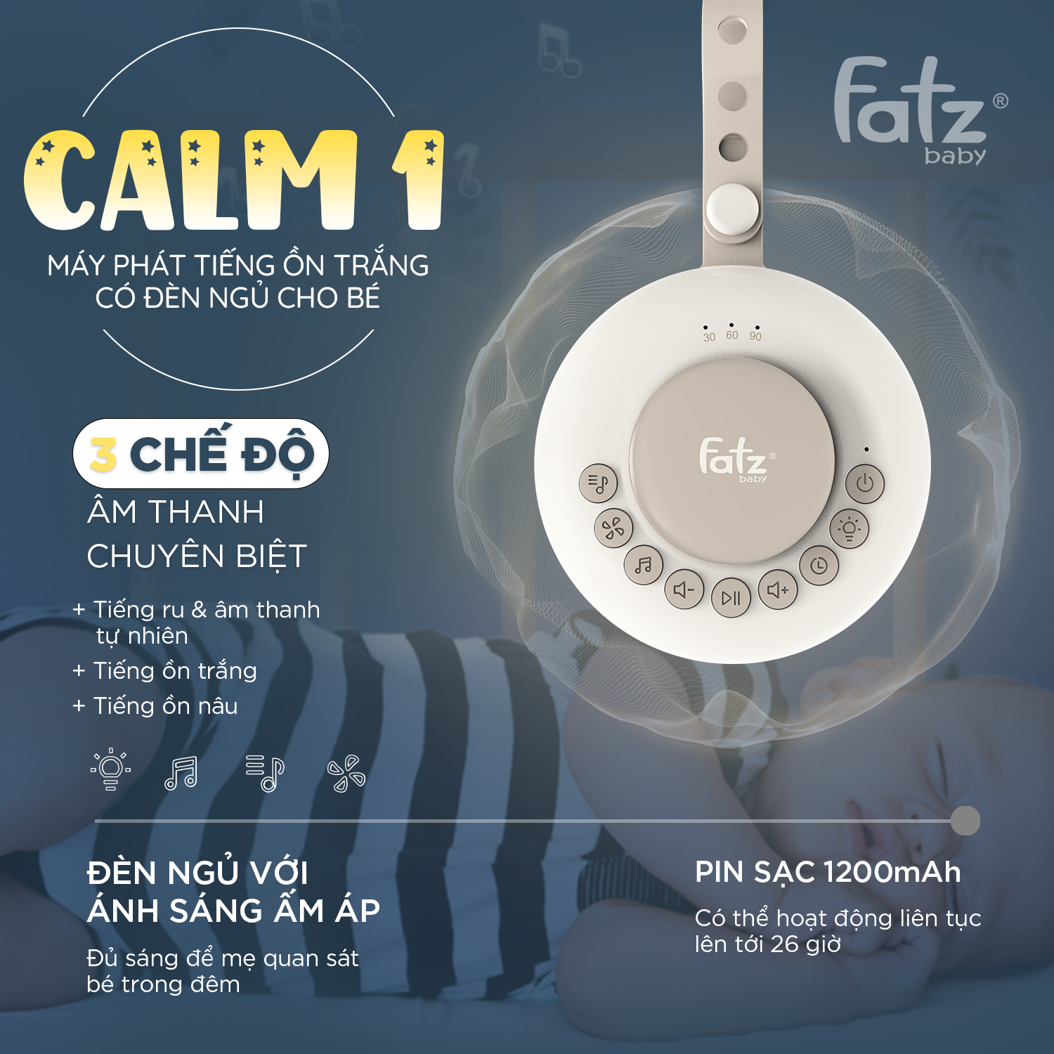 máy phát tiếng ồn trắng có đèn ngủ cho bé calm 1 tk 02
