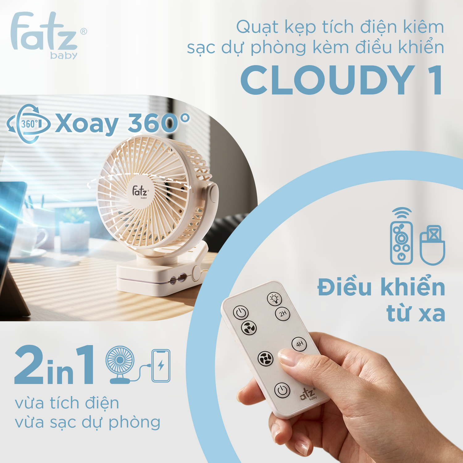 quạt kẹp tích điện kiêm sạc dự phòng kèm điều khiển cloudy 1